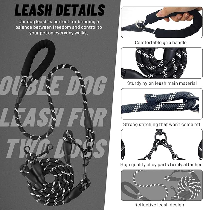 Double Dog Leash for Two Dogs, Heavy Duty Reflective Double Leashes for 2 Dogs, 360° Swivel Dual Dog Leash Tangle Free Large Dogs & Medium Dogs, with 2Pcs Dog Poop Bag Holder, Black