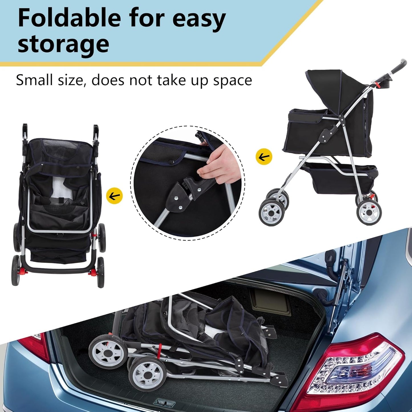 FDW Pet Stroller 4-Wheel Dog Cat Stroller Travel Folding Carrier with Cup Holder and Removable Liner for Small Medium Dogs Cats, Dark Black