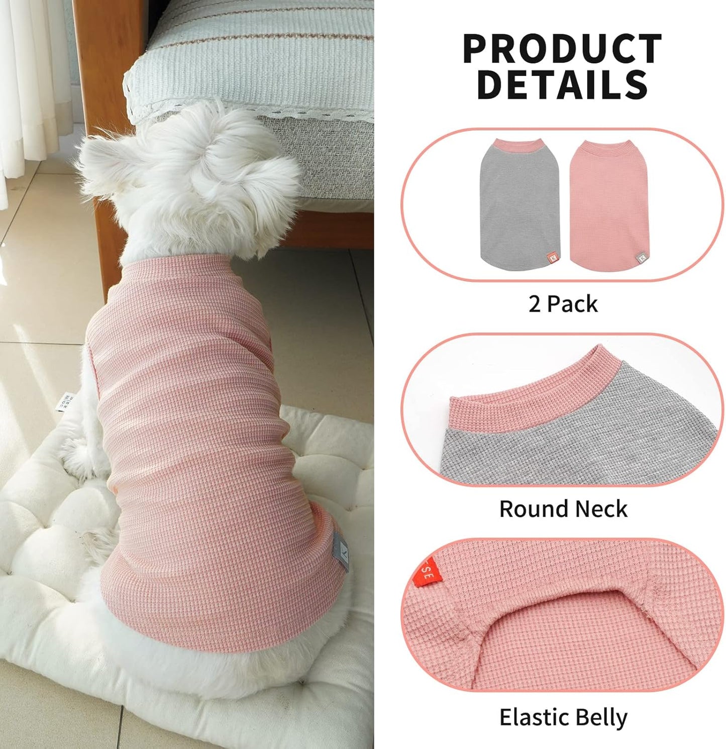 KYEESE 2Pack Dog Shirts Waffle for Small Dogs Stretchy T-Shirts Lightweight Tank Top Sleeveless Dog Vest Breathable Cat Shirt, Small, Pink+Grey