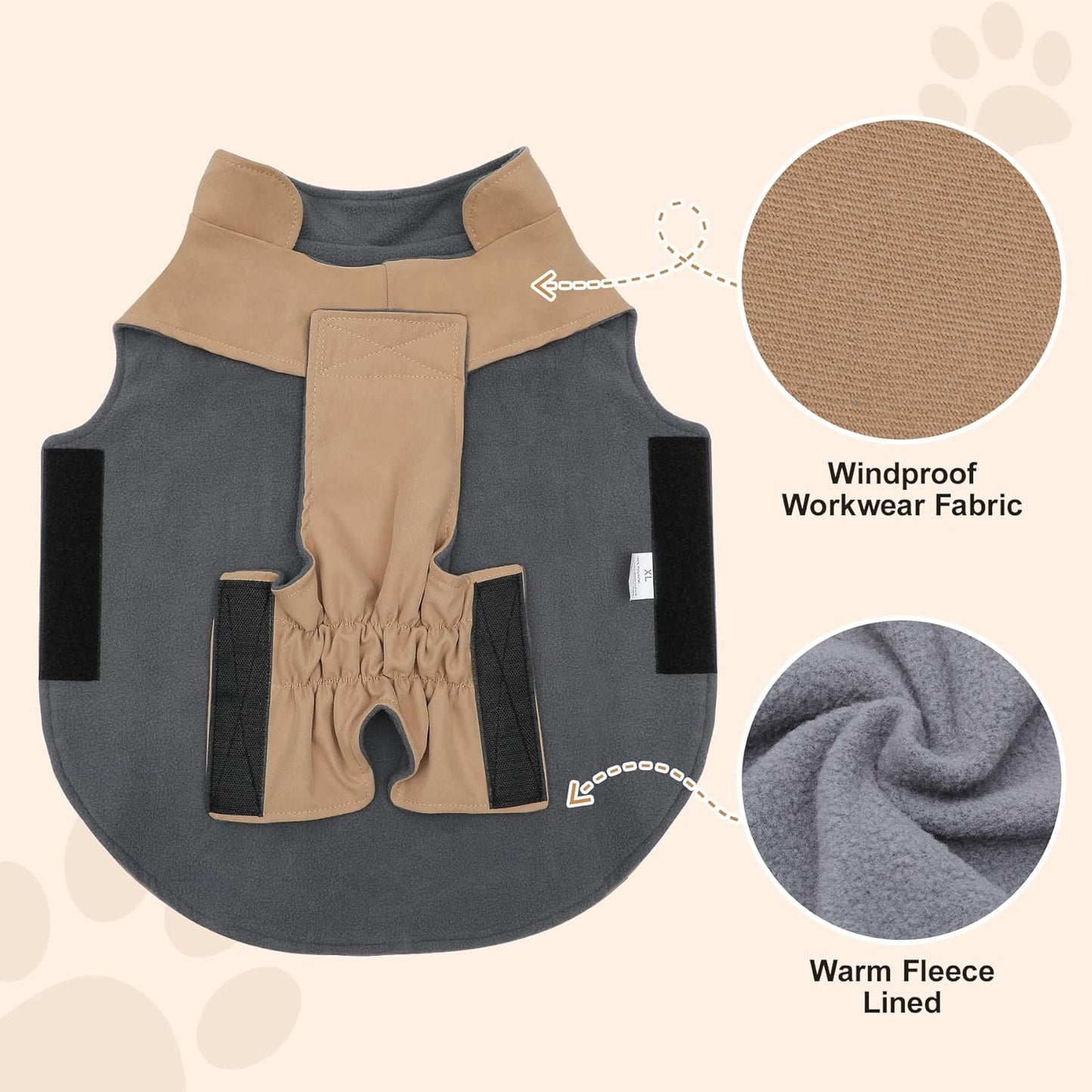 Workwear Style Dog Coats with Harness Built in for Small Dogs Windproof Warm Puppy Jacket with Storage Pockets for Cold Winter,LightBeige XXXL