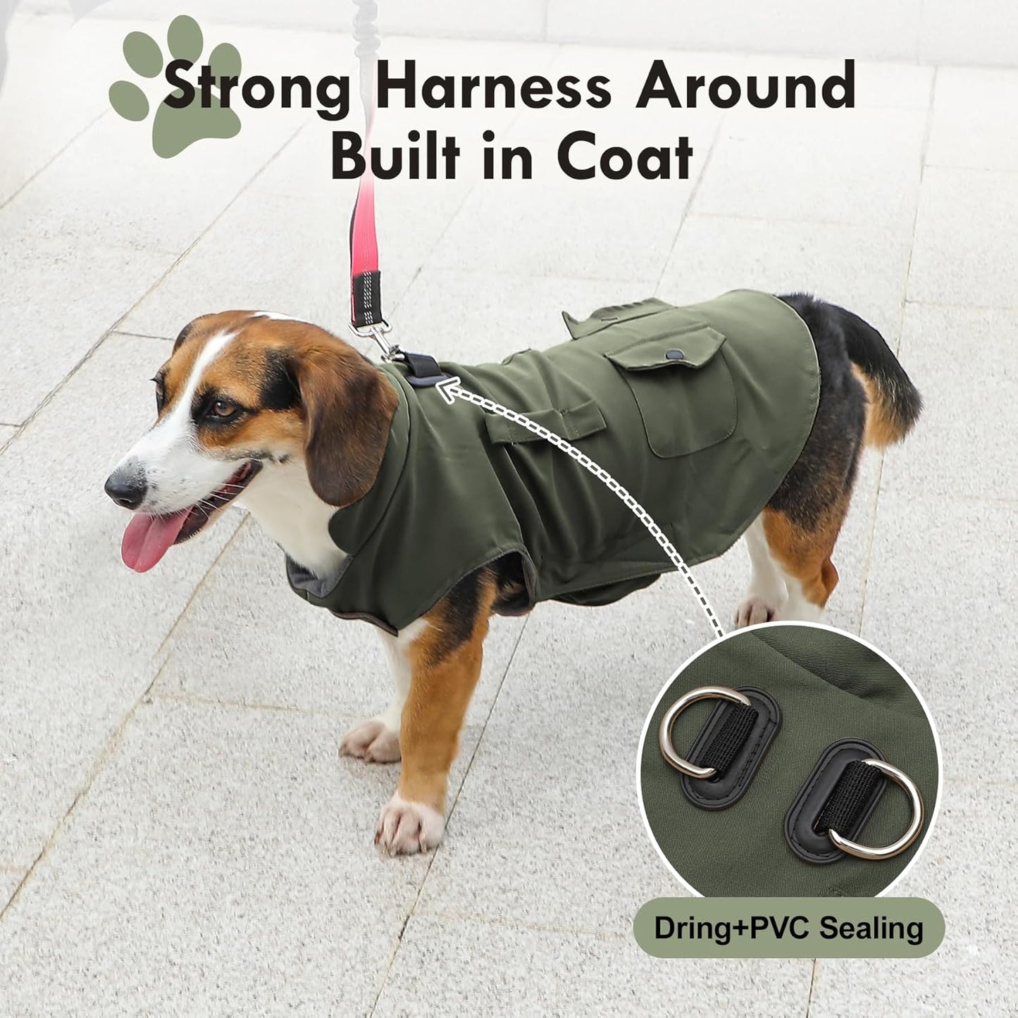 Workwear Style Dog Coats with Harness Built in for Small Dogs Windproof Warm Puppy Jacket with Storage Pockets for Cold Winter,Green L