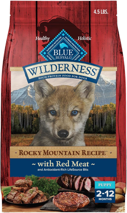 Blue Buffalo Wilderness Rocky Mountain Recipe High-Protein Dry Puppy Food with DHA, Made in the USA with Natural Ingredients Plus Wholesome Grains, Red Meat, 4.5-lb. Bag