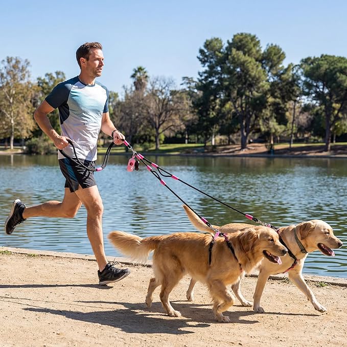 Thinkday Hands Free Double Dog Leash with 2 Dog Poop Bags No Tangle Dual Leash 5.9 ft Multifunctional Crossbody Rope with Padded Handles for Medium Small Breeds Lead for 2 Dogs, No Pull, Tangle Free