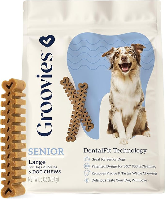 Groovies Slightly Softer, Yet Flexible Dental Chew for Senior Dogs & Delicate Chewers. Powered by USA-Patented DentalFit Tech. No Added Gluten, No Artificial Flavors or Colors. 6oz Large (6Chews)