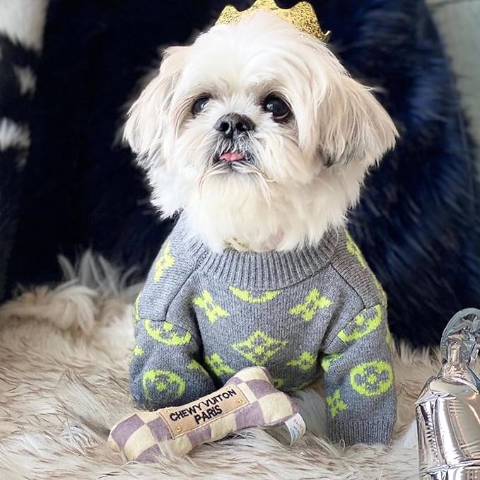 Haute Diggity Dog Checker Chewy Vuiton Bone, Plush Designer Dog Toys with Interactive Squeaker, Stimulating Pet Enrichment, Machine-Washable & Safe Materials for All Breeds, Size Small