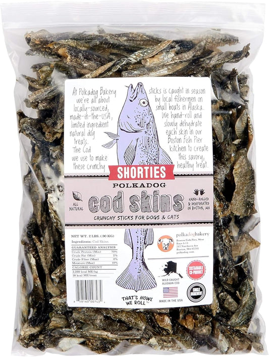 Polkadog Cod Skins for Dogs (2lb Shortie) - Single Ingredient, Wild-Caught Fish Skin Dog Treats for All Breeds – High in Lean Protein & Omega-3. Hypoallergenic, Grain Free. Handcrafted & Made in USA