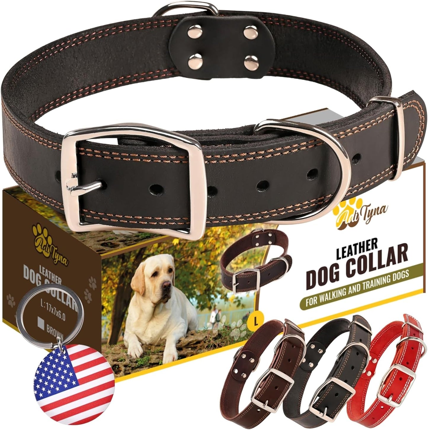 ADITYNA Heavy Duty Leather Dog Collar for Large Dogs - Soft and Strong Black Leather Collar for Walking and Training (Large: Fit 17" - 23" Neck, Black)
