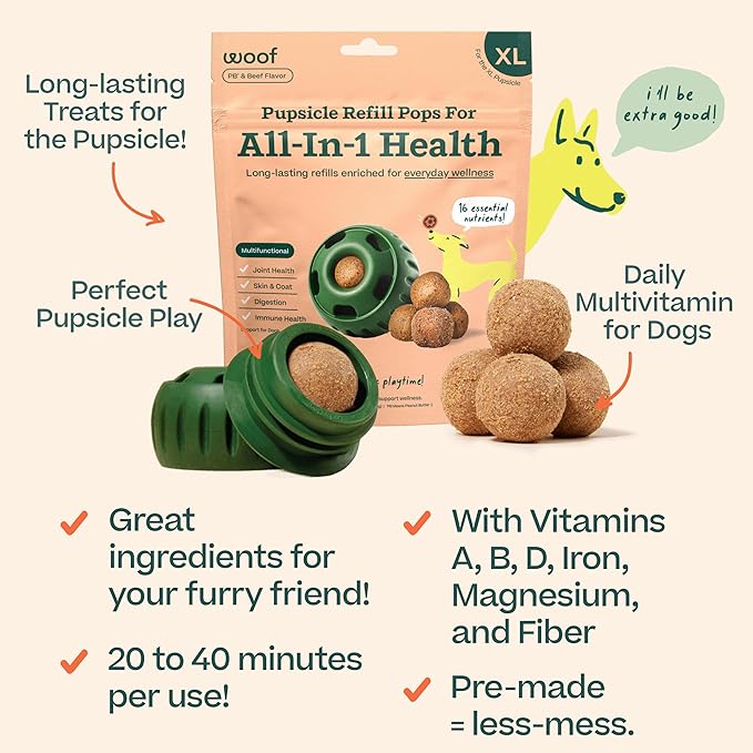 WOOF Pupsicle Refill Pops for All-in-1 Health - Long-Lasting Multivitamin Refills for The Pupsicle Toy - with Vitamins A, B, D, Iron, Magnesium, and Fiber - XL Pops - 5 Count