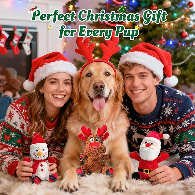 Christmas Dog Toys Set - 3 Pack Durable Squeaky Dog Toys for Small, Medium & Large Dogs, Soft Plush Santa, Reindeer & Snowman Gift for Pets