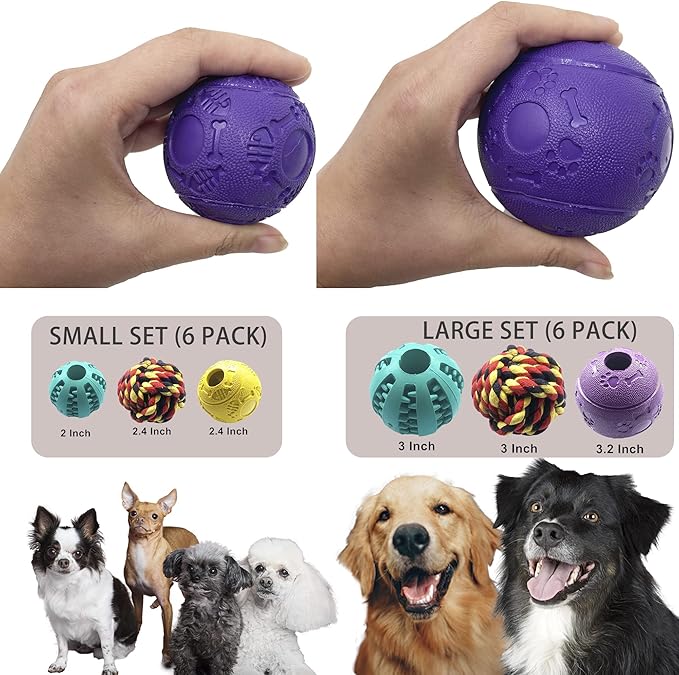 Jalousie Dog Puzzle Balls Dog Treat Dispensing Balls Non-Toxic Natural Rubber Dog Chew Toys for Puppy Pet Dog Teething Puzzle Playing Treat Dispenser Rope Balls (Large, 6 Pack Assorted)