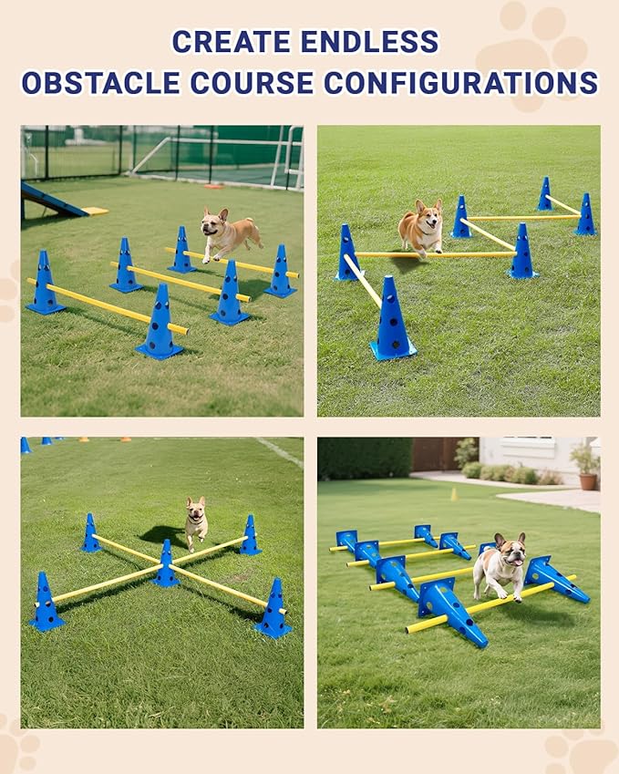 Dog Agility Course Backyard Set, Dog Agility Hurdle Cone Set with Height Adjustable Crossbar for Rehabilitation & Beginners, Dog Agility Equipment for Dog Obstacle Course - 12 Inch