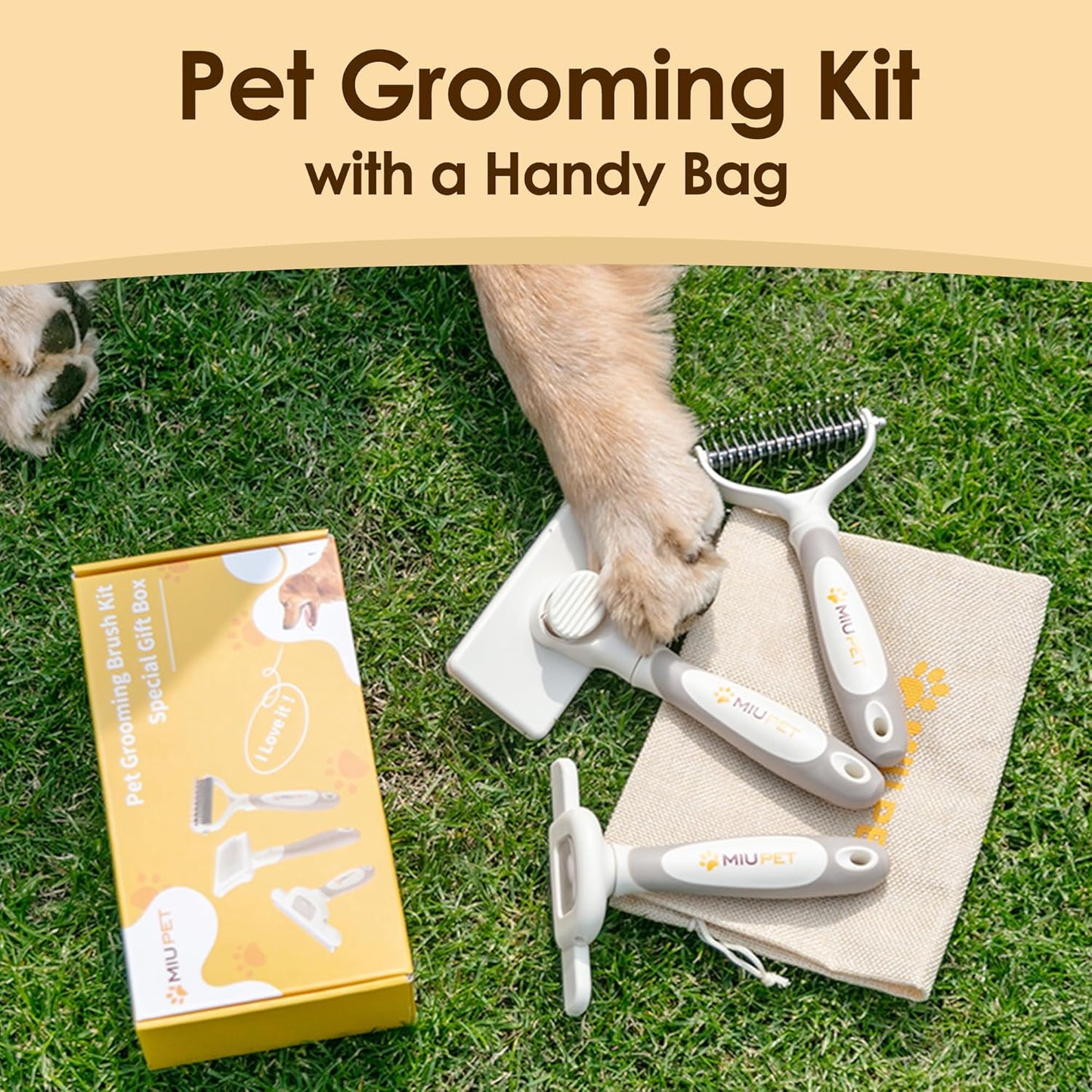 Professional Deshedding Dog Brush Grooming Kits, for Long-Haired Dogs and Cats - Dog Deshedding Brush and Slicker Brush Set 3 in 1 Gift Box for Long Hair Pets like Golden Retriever