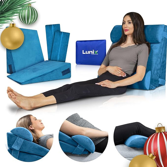 Lunix 4pcs Orthopedic Bed Wedge Pillow Set for Sleeping – Adjustable Post Surgery Back, Leg & Knee Support, Acid Reflux & GERD Relief, Memory Foam Head Pillows, with Hot/Cold Pack, Blue