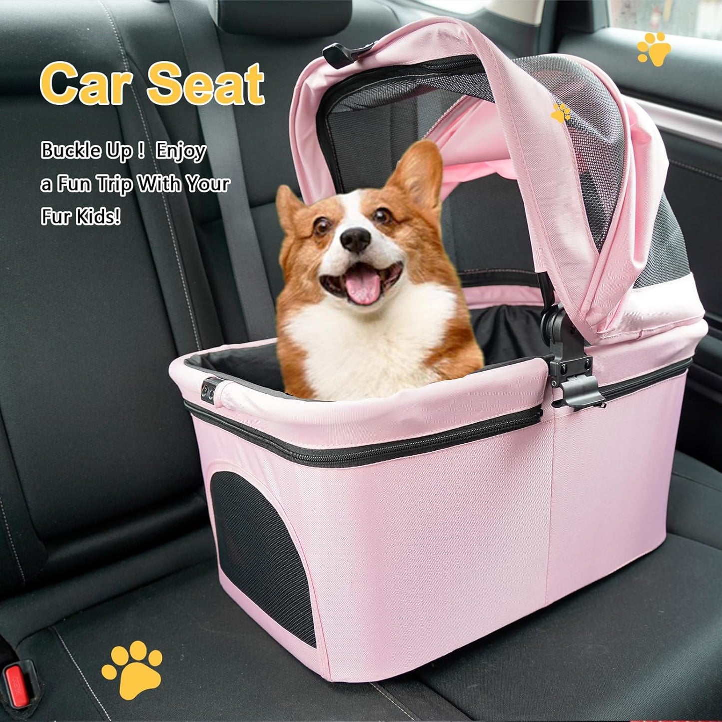 Pet Stroller for Small/Medium Dogs Cats Up to 33lbs, 3 in 1 Foldable Dog Stroller, Car Seat, Detachable Carrier with Anti-Scratch Mesh, Seat Belts, Comfort Cushions - Pink