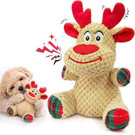Reindeer Squeaky Plush Dog Toy – Soft Crinkle Stuffed Chew Toy for Small & Medium Dogs, Cute Holiday Puppy Toy