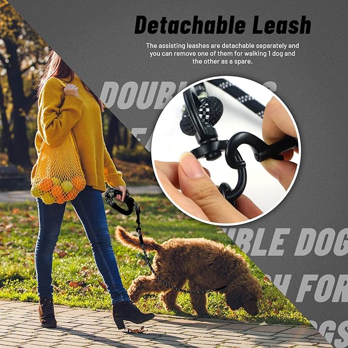 Double Dog Leash for Two Dogs, Heavy Duty Reflective Double Leashes for 2 Dogs, 360° Swivel Dual Dog Leash Tangle Free Large Dogs & Medium Dogs, with 2Pcs Dog Poop Bag Holder, Black