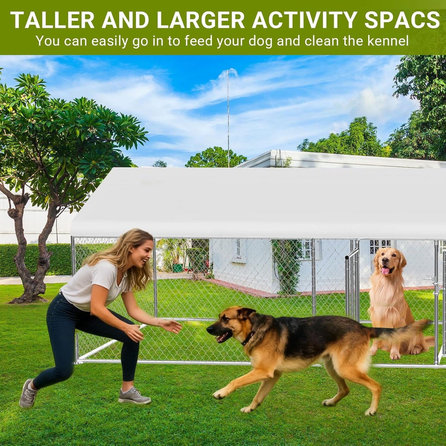 Rovibek 7.5 ×19.7 FT Outdoor Dog Kennel with Roof, Two Rooms Dog Kennel Outside with Waterproof Sunproof Cover, Galvanized Heavy Duty Dog Kennel and Enclosure for Outside with Secure Lock