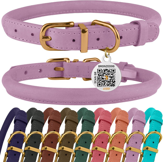 BronzeDog Rolled Leather Dog Collar with QR ID Tag, Adjustable Soft Round Collars for Small Medium Large Dogs Puppy (7" - 10" Neck Size, Lavender)