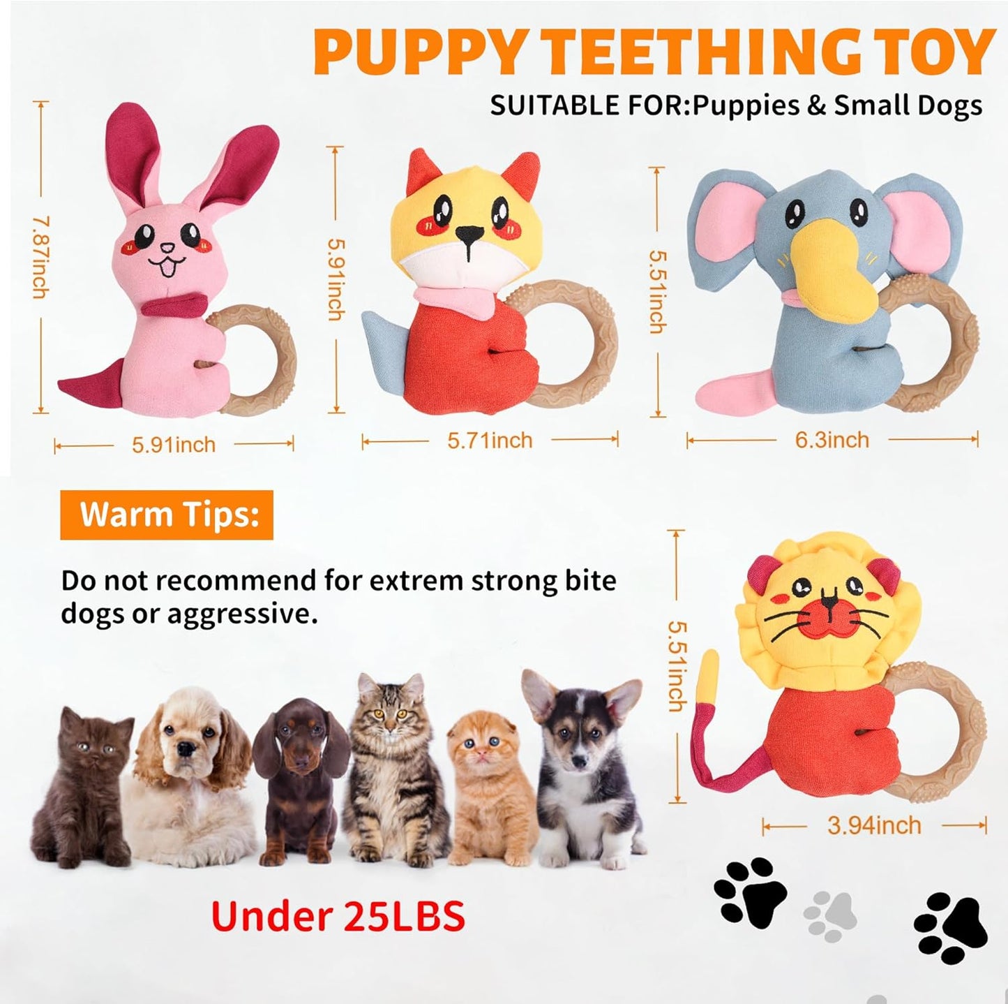 4-Pack Puppy Teething Toys, Dog Squeaky Toy to Keep Them Busy, Stuffed Toy with TPR Ring, Durable Dog Chew Toys for Small Breed