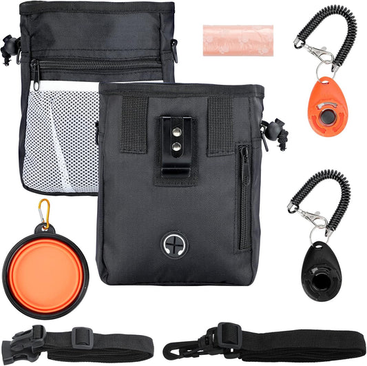 Dog Treat Pouch, 3 Ways to Wear Treat Pouches for Pet Training, Dog Training Treat Pouch with Waist Belt Shoulder Strap, Poop Bag, Collapsible Bowl, Dog Training Clicker