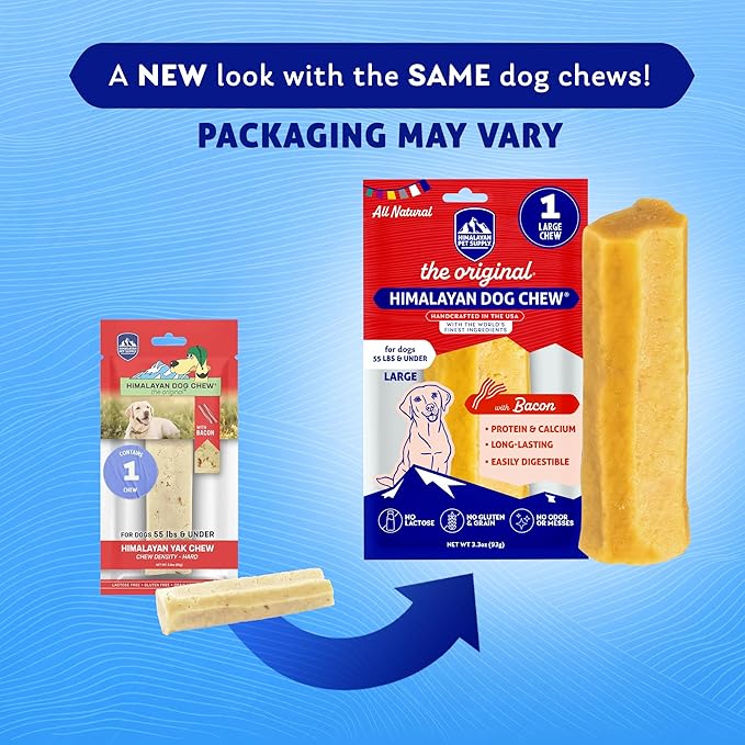 Himalayan Dog Chew Original Yak Cheese Chew, Bacon, 1 Large Stick, 3.3 oz, Gluten Free, Healthy Treats, Grain & Lactose Free 100% Natural, Long Lasting Chews for s Under 55 lbs