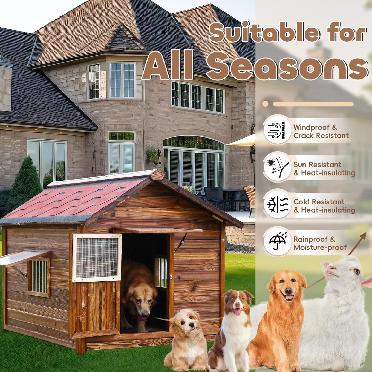 Durable Weatherproof Pine Wood Dog House Outdoor for Small to Large Sized Dogs,Luxury Outdoor Dog Kennel Shelter with Elevated Floor,Lockable Door,Adjust Windows,Easy to Clean,Easy to Assemble