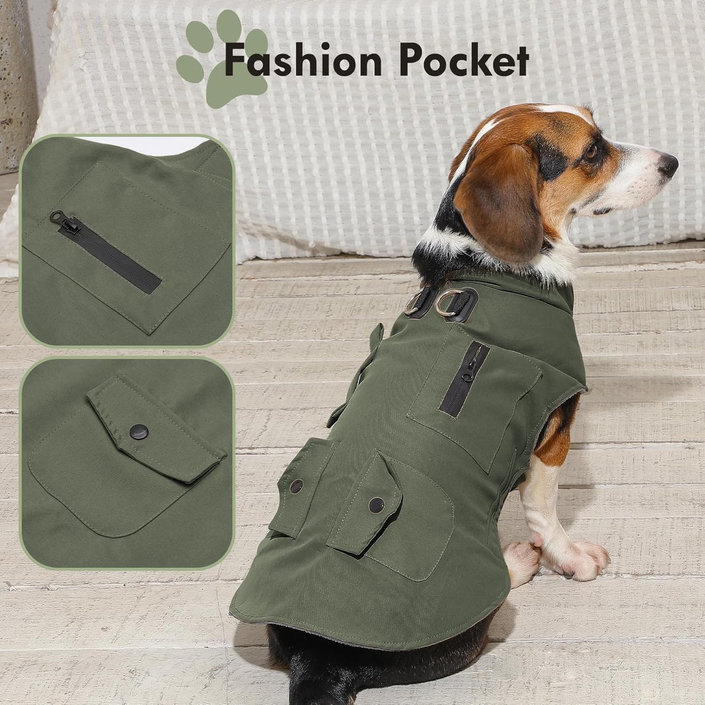 Workwear Style Dog Coats with Harness Built in for Small Dogs Windproof Warm Puppy Jacket with Storage Pockets for Cold Winter,Green XL