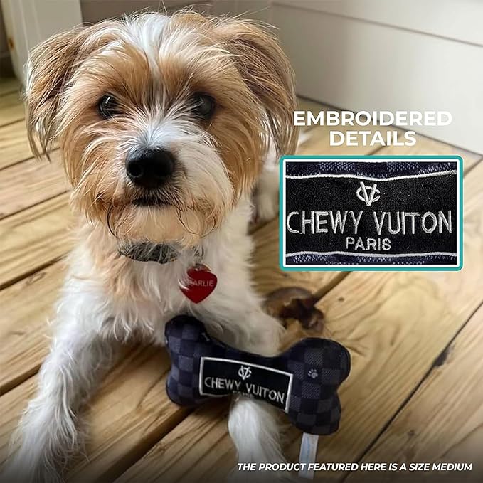 Haute Diggity Dog Black Checker Chewy Vuiton Bone, Plush Designer Dog Toys with Interactive Squeaker, Stimulating Pet Enrichment, Machine-Washable & Safe Materials for All Breeds, Size Small