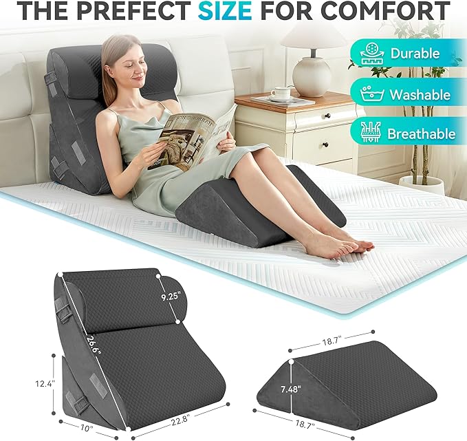 BDEUS 4PCS Bed Wedge Pillow Post Surgery, Orthopedic Sleeping Wedge Pillow Set for Back, Neck and Leg Pain Relief, Acid Reflux, GERD, Memory Foam Support Pillows for After Surgery, Grey