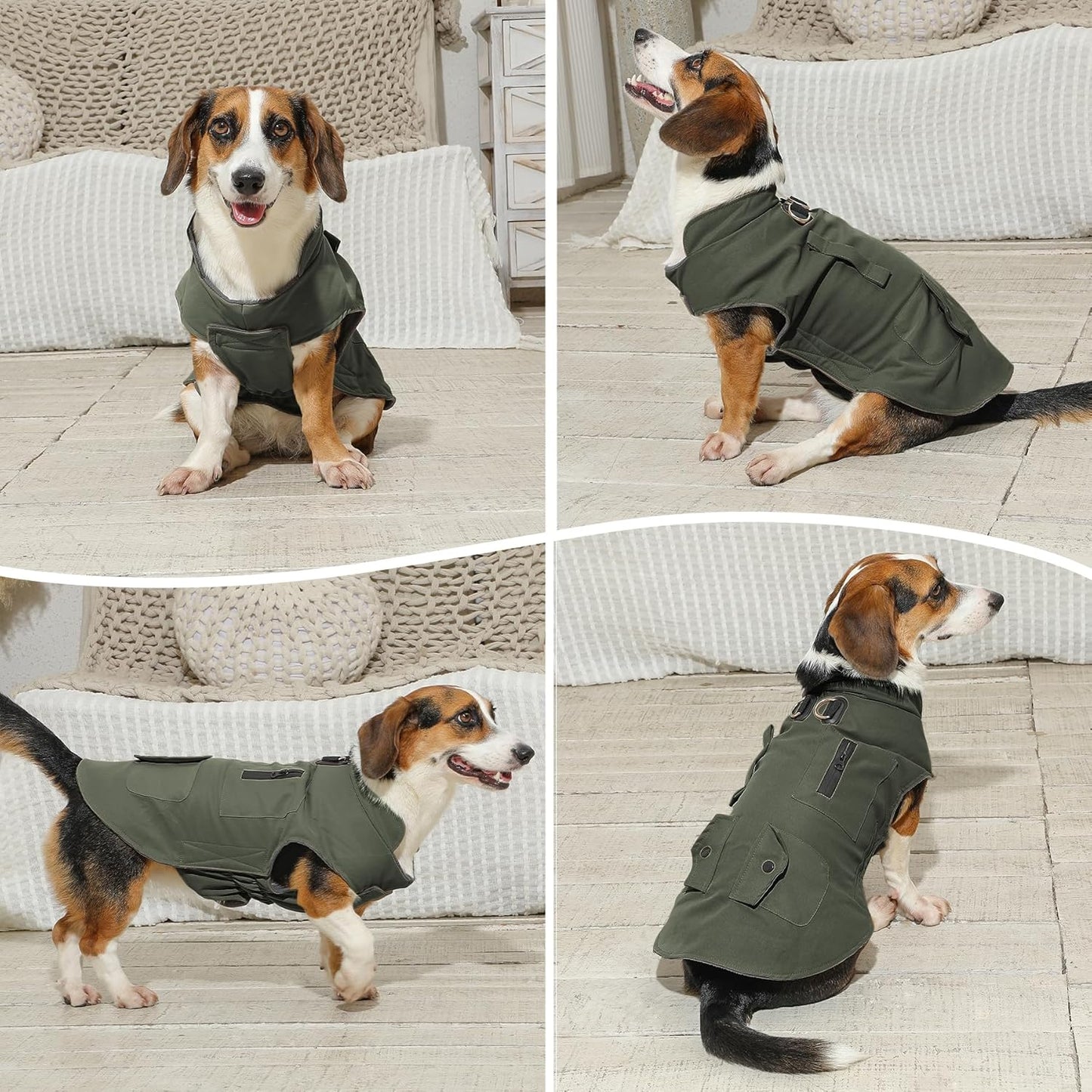 Workwear Style Dog Coats with Harness Built in for Small Dogs Windproof Warm Puppy Jacket with Storage Pockets for Cold Winter,Green XXL