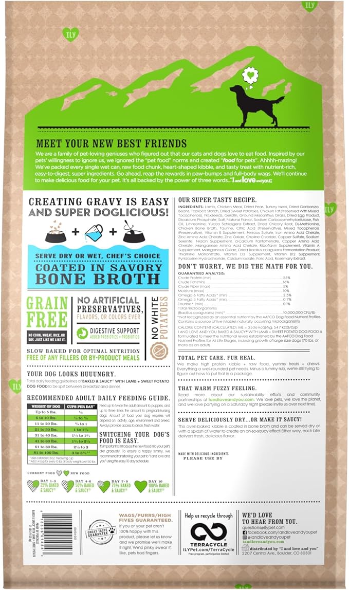 I and Love and You Baked and Saucy Dry Dog Food - Lamb + Sweet Potato - Prebiotic + Probiotic, Real Meat, Grain Free, No Fillers, 21lb Bag