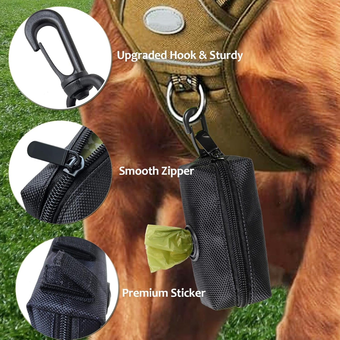 (2 Pack) Dog Poop Bag Holder, Poop Bag Holders for Leashes, CAKOVANO Doggie Waste Bag Dispenser Small Doggy Poop Bag Zipper Pouch with Carabiner Clip with 4 Rolls of Pet Trash Bags, Black