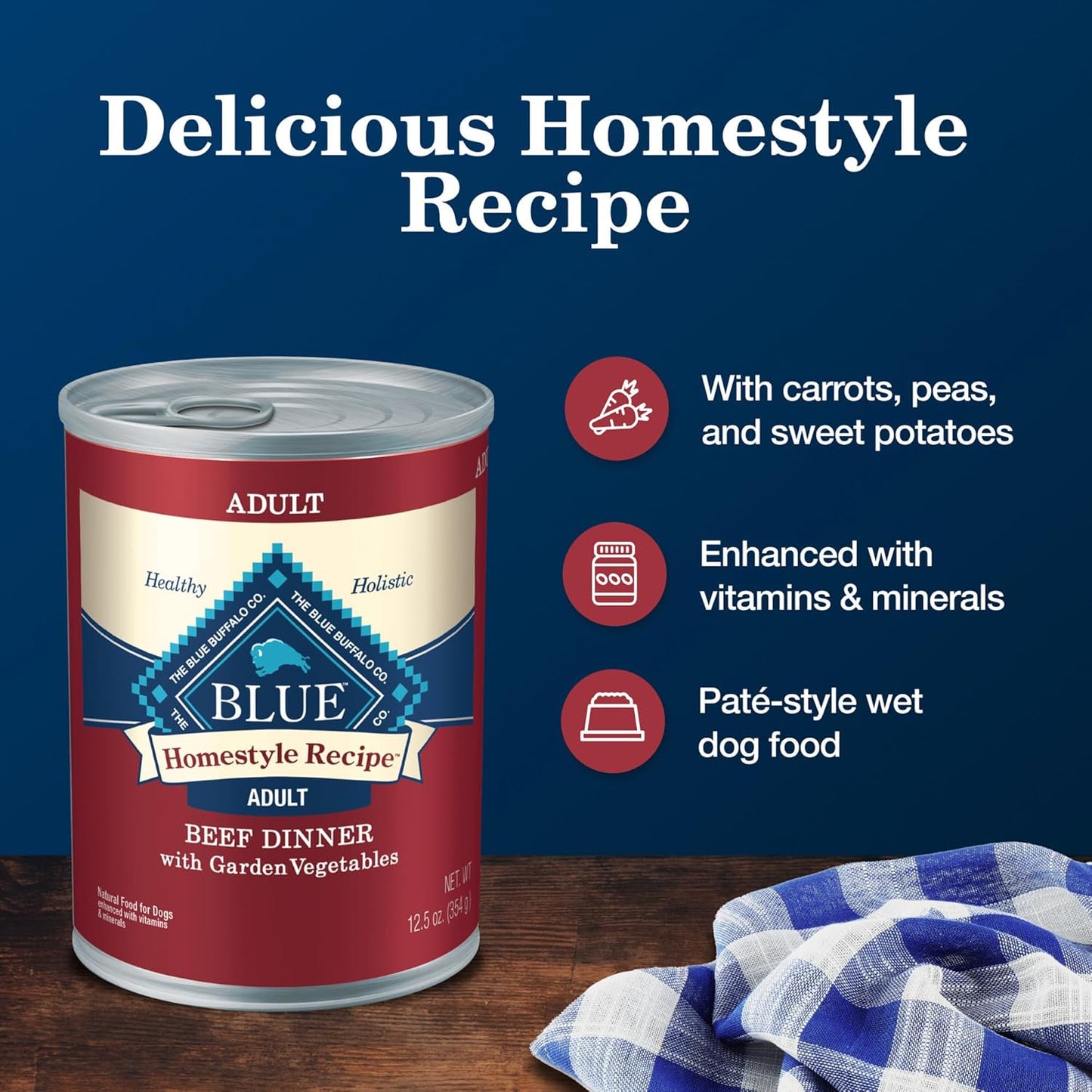 Blue Buffalo Homestyle Recipe Adult Wet Dog Food, Made with Natural Ingredients, Beef Dinner With Garden Vegetables, 12.5-oz Cans (12 Count)