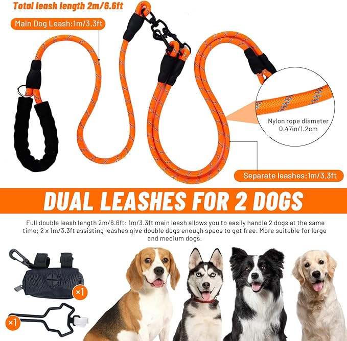 Double Dog Leash for Two Dogs, Heavy Duty Reflective Double Leashes for 2 Dogs, 360° Swivel Dual Dog Leash Tangle Free Large Dogs & Medium Dogs, with 2Pcs Dog Poop Bag Holder, Orange