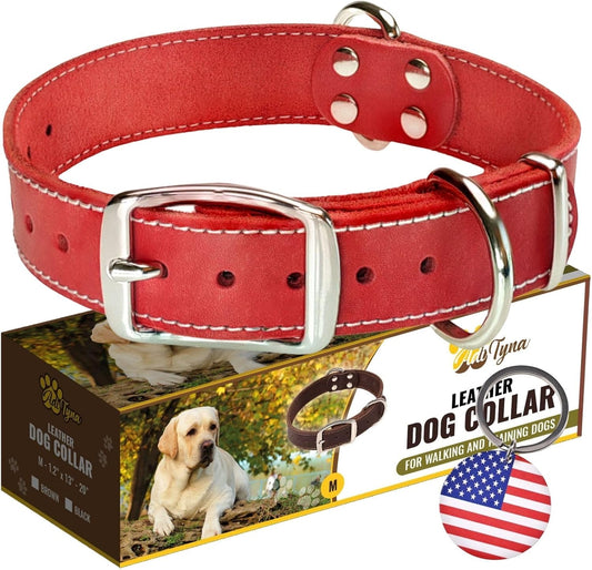 ADITYNA Heavy Duty Leather Dog Collar - Soft and Strong Red Dog Collar for Medium Breeds (Medium: Fit 13" - 20" Neck, Red)