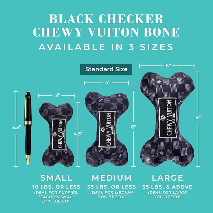 Haute Diggity Dog Black Checker Chewy Vuiton Bone, Plush Designer Dog Toys with Interactive Squeaker, Stimulating Pet Enrichment, Machine-Washable & Safe Materials for All Breeds, Size Small