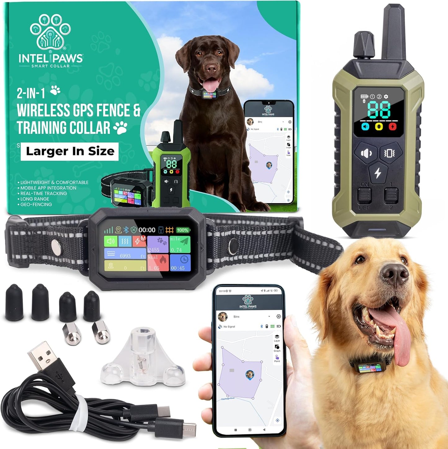 GPS Wireless Dog Fence System Collar – 2-in-1 Remote or App Controlled Boundary and Training GPS Dog Collar with 4 Training Modes – Covers up to 7000 Ft (3533 Acres)