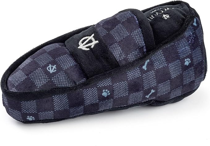 Haute Diggity Dog Black Checker Chewy Vuiton Loafer, Plush Designer Dog Toys with Interactive Squeaker, Stimulating Pet Enrichment, Machine-Washable & Safe Materials for All Breeds, One Size