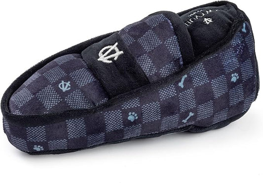 Haute Diggity Dog Black Checker Chewy Vuiton Loafer, Plush Designer Dog Toys with Interactive Squeaker, Stimulating Pet Enrichment, Machine-Washable & Safe Materials for All Breeds, One Size