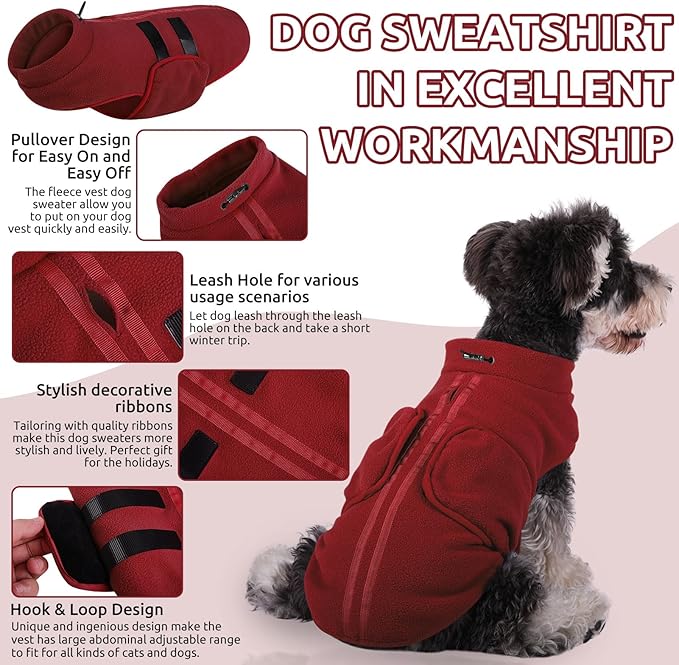 Queenmore XXL Dog Sweater, Soft Fleece Vest Pullover Dog Jacket with Leash Hole, Warm Winter Dogs Clothes Cold Weather Doggy Dachshund Sweaters for Large Dogs Cats Boy or Girl (Burgundy, XXL)