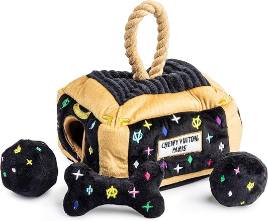 Haute Diggity Dog Black Monogram Chewy Vuiton Interactive Trunk, Plush Designer Dog Toys with Interactive Squeaker, Stimulating Pet Enrichment, Machine-Washable & Safe Materials for All Breeds