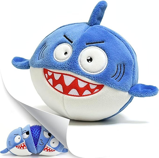 3 in 1 Squeaky Soft Plush Super Durable Dog Chew Toy for Aggressive Chewers, No Stuffing Interactive Tough Rip & Reveal Crinkle Shark Ball in Gift Box, Puppy, Small & Large Breed Pet Birthday Present