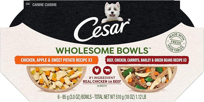 Cesar Wholesome Bowls Adult Wet Dog Food, Beef, Chicken, Carrots, Barley & Green Beans Recipe and Chicken, Apple & Sweet Potato Recipe Variety Pack, 3 oz. (6 Count, Pack of 1)