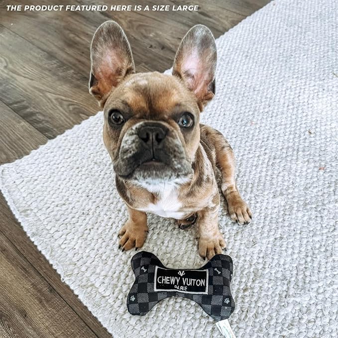 Haute Diggity Dog Black Checker Chewy Vuiton Bone, Plush Designer Dog Toys with Interactive Squeaker, Stimulating Pet Enrichment, Machine-Washable & Safe Materials for All Breeds, Size Large