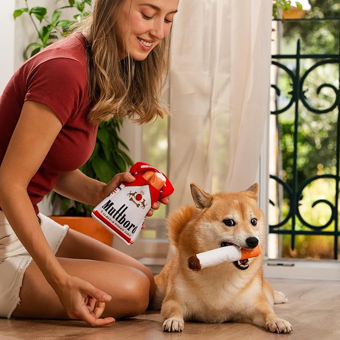 Nestpark Muttboro Doggy Cigs Funny Dog Toys - Parody Plush Squeaky Crinkle Interactive Dog Toy - Hide and Seek Treat Hiding Burrow Puzzle Toy for Stimulating Enrichment Activity