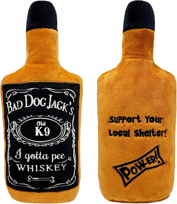 Huxley & Kent Funny Dog Toys w/Squeaker & Crinkle -Stimulating & Interactive Chew Toy for Dogs - Mesh Lined Stuffed Toy - Easy to Clean for All Breeds (Bad Dog Jack's Whiskey,Small)