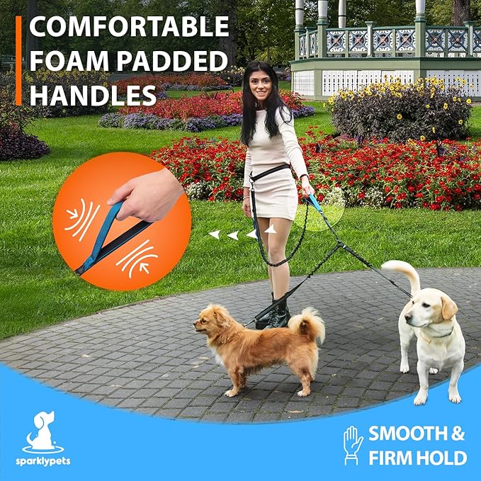 SparklyPets - Hands Free Double Dog Leash - Dual Leash for 2 Small Dogs - with Padded Handles, Reflective Stitches - No Pull, Tangle Free, for Dog Walking, Hiking, Canicross - for Small Dogs