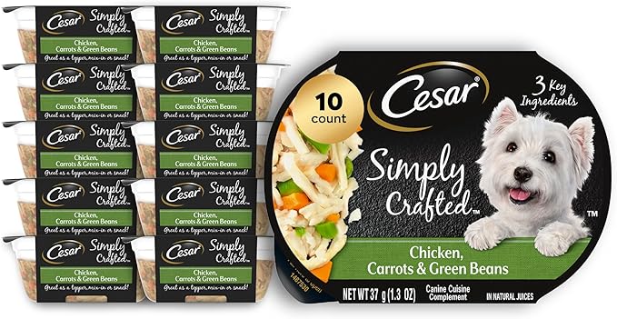 Cesar Simply Crafted Adult Wet Dog Food Meal Topper, Chicken, Carrots & Green Beans, 1.3oz. (10 Count, Pack of 1)