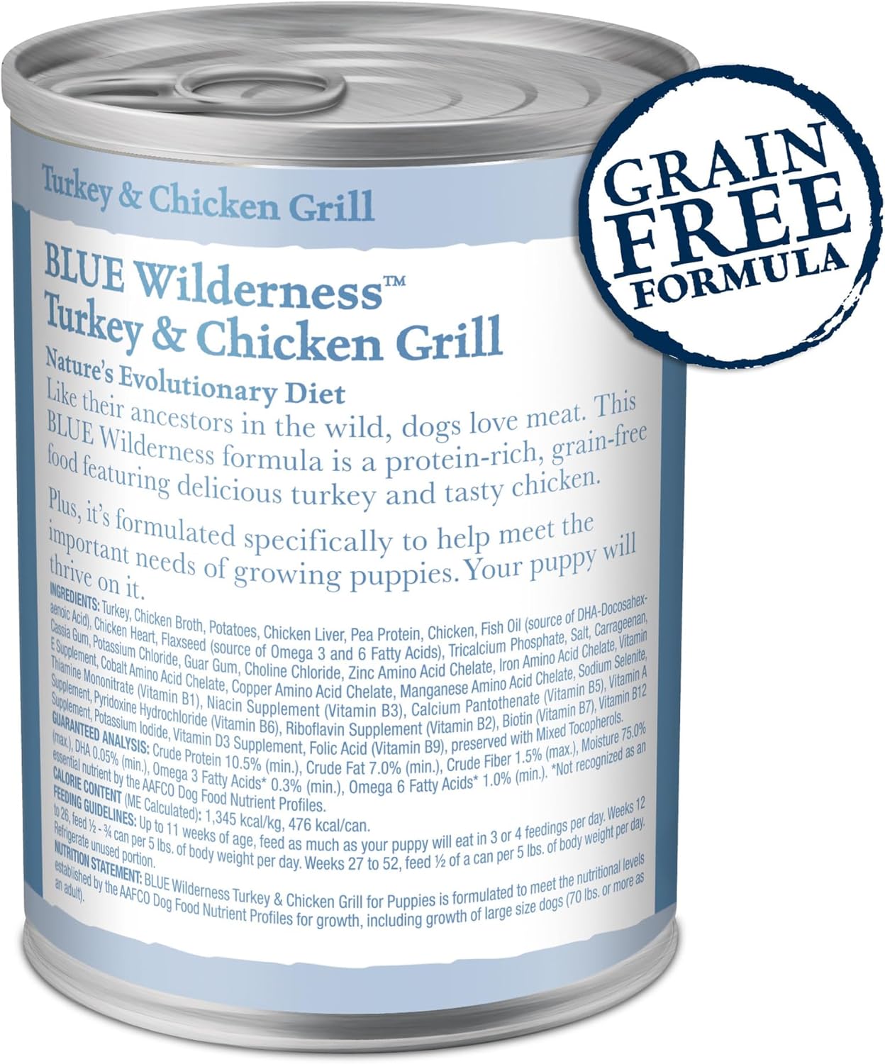 Blue Buffalo Wilderness Natural High-Protein & Grain-Free Wet Food for Puppies, Turkey & Chicken, 12.5-oz. Cans, 12 Count