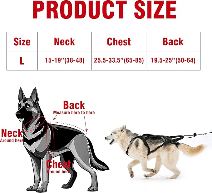 Dog Pulling Harness (L, Black) X Back Mushing Husky Harness for Sled Exercise, Pet Sledding, Bikejoring, Skijoring, Running, Canicross Scootering, for Average Sized Dog About 45-50LBS